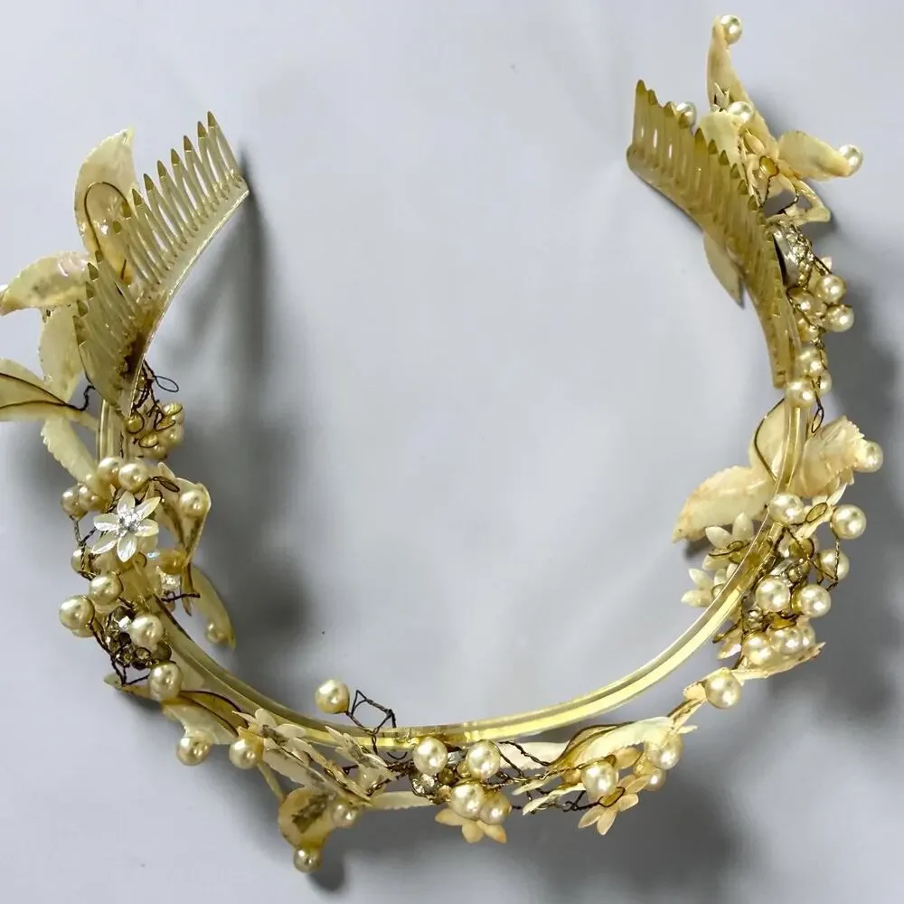 Mid Century Crown Tiara Shell Pearl Floral Headpiece Vintage Wedding MCM Prom